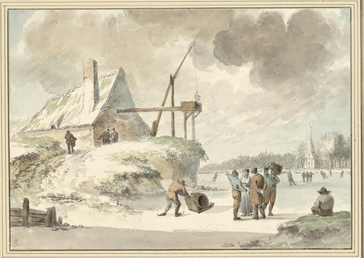 Van der Heuss, Winterlandschaft mit Haus, Wasserkrahn und Schlittschuhläufern, Inv. Nr.: 10891