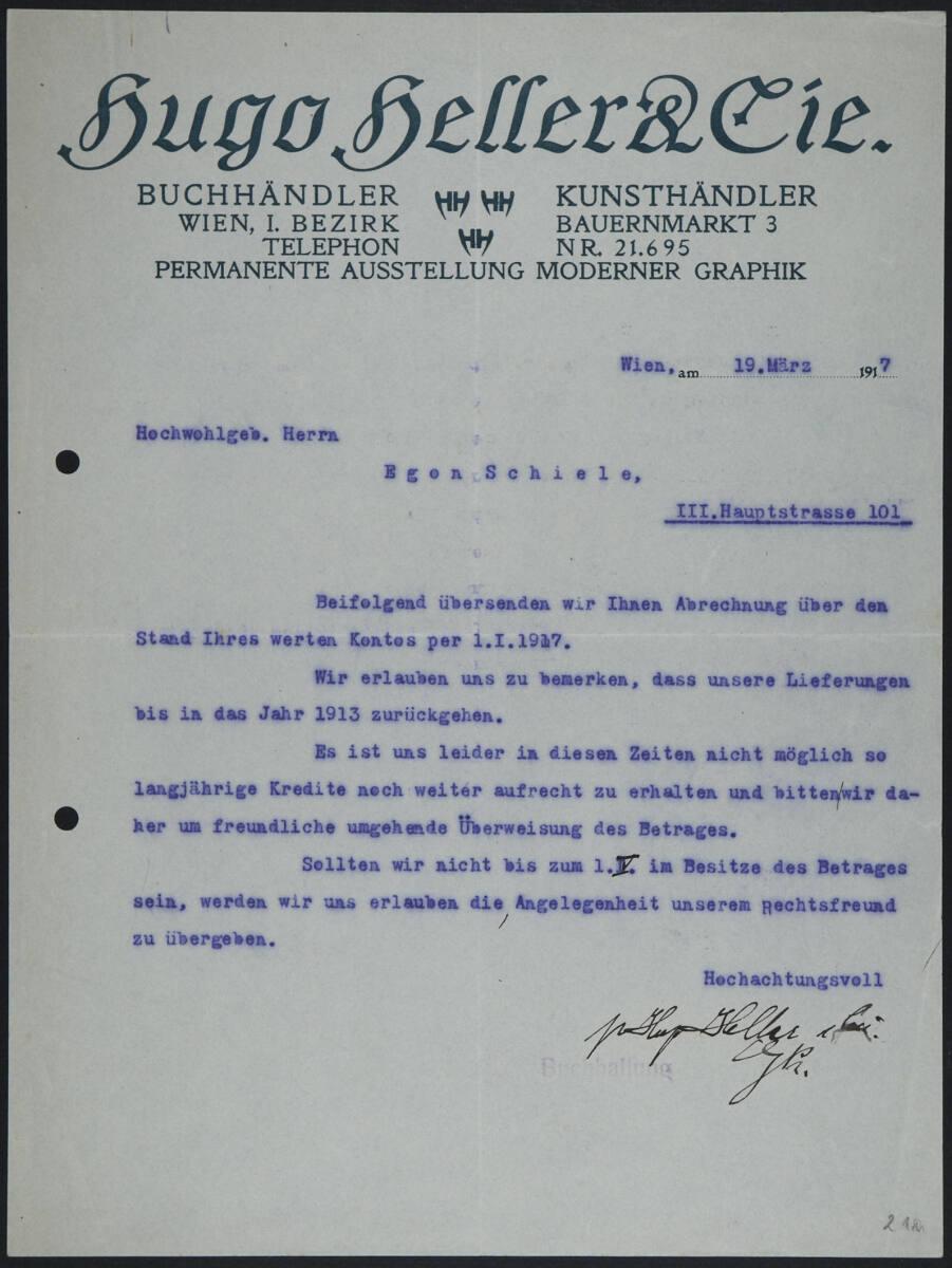 Brief von Hugo Heller & Cie. an Egon Schiele vom 19. März 1917, Inv. Nr.: ESA21a