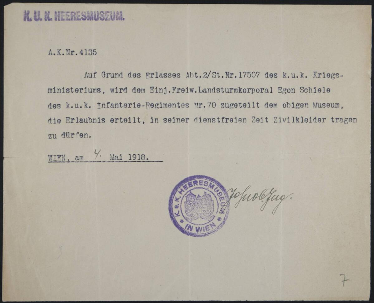 Erlaubnisschein des K.u.k. Heeresmuseums vom 4. Mai 1918 für Egon Schiele über das Tragen von Z…
