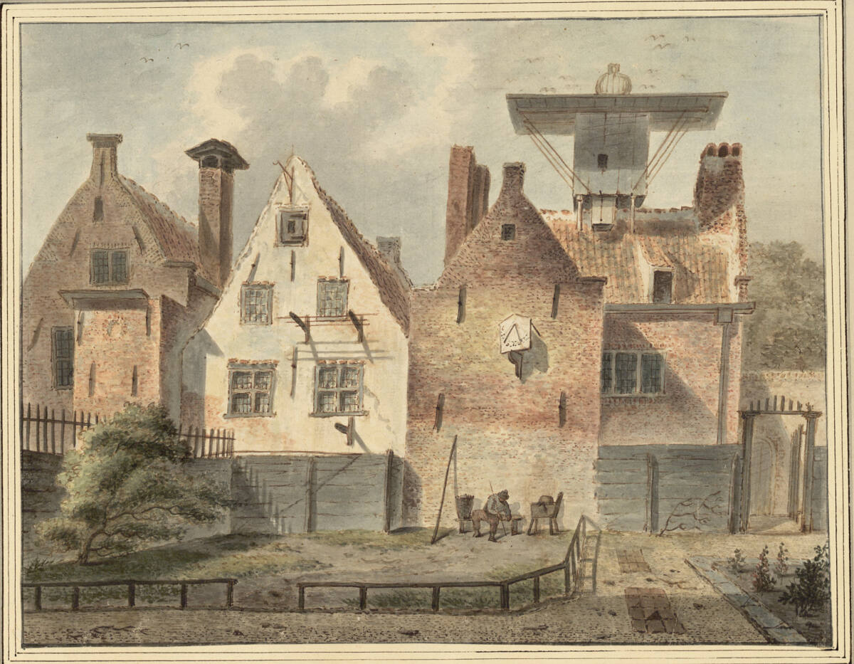 Rückseite einiger Häuser in Amsterdam, mit großer Taubenplattform auf einem der Dächer, J.H.Knoop