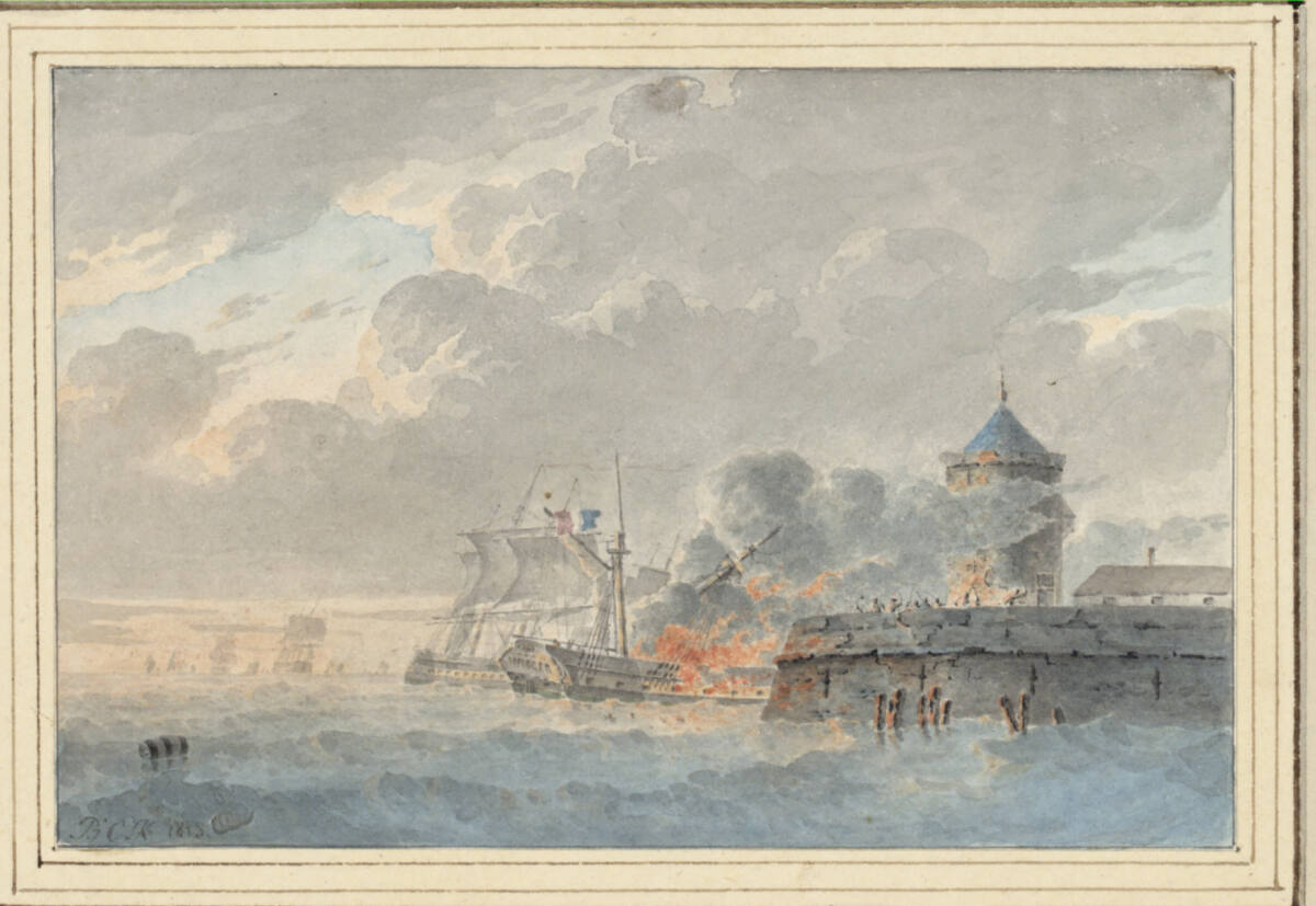 Brennendes holländisches Kriegsschiff nahe einer Bastion, Barend Cornelis Koekkoek