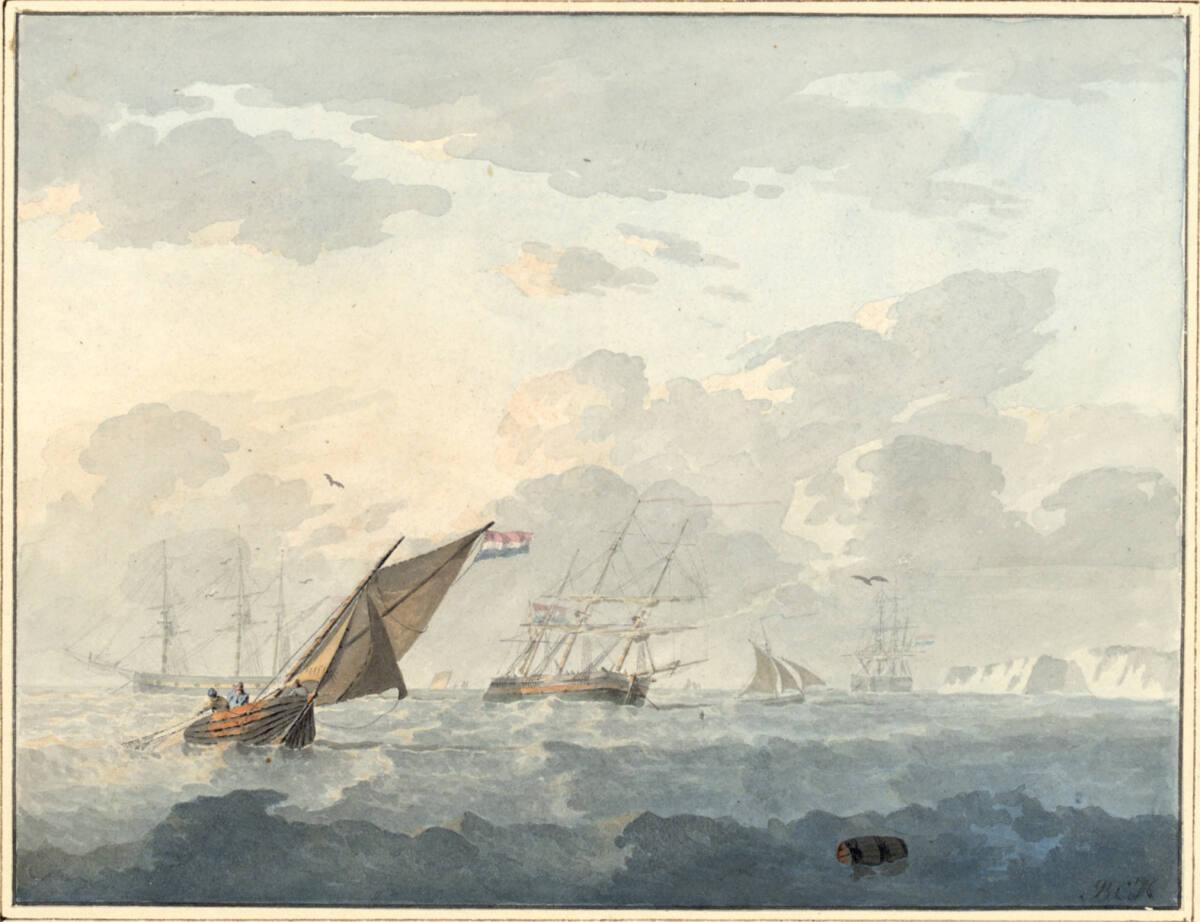 Barend Cornelis Koekkoek, Fischerboot und Schiffe unter holländischer Flagge, in der Ferne eine…