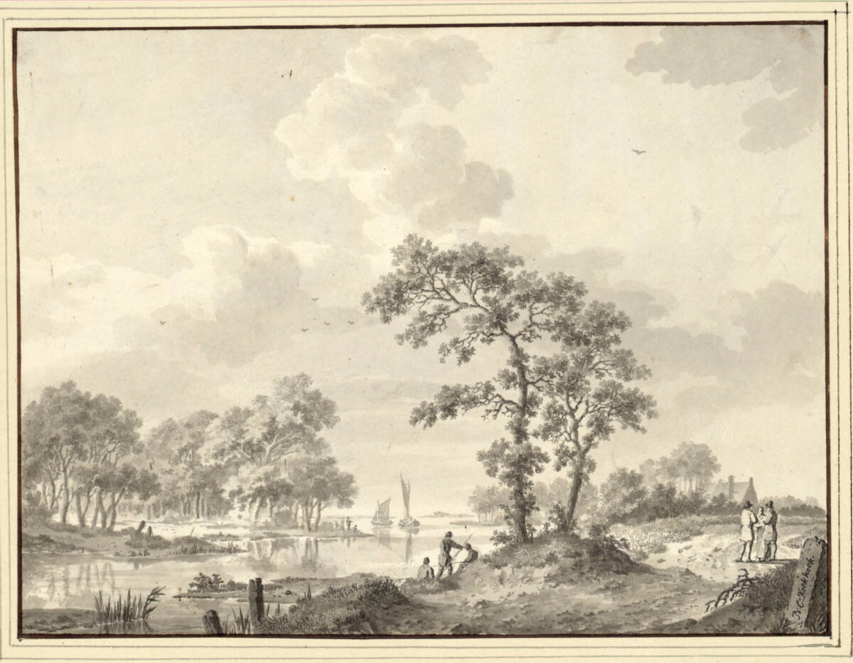 Holländische Flußlandschaft mit Landstraße und Anglern, Barend Cornelis Koekkoek