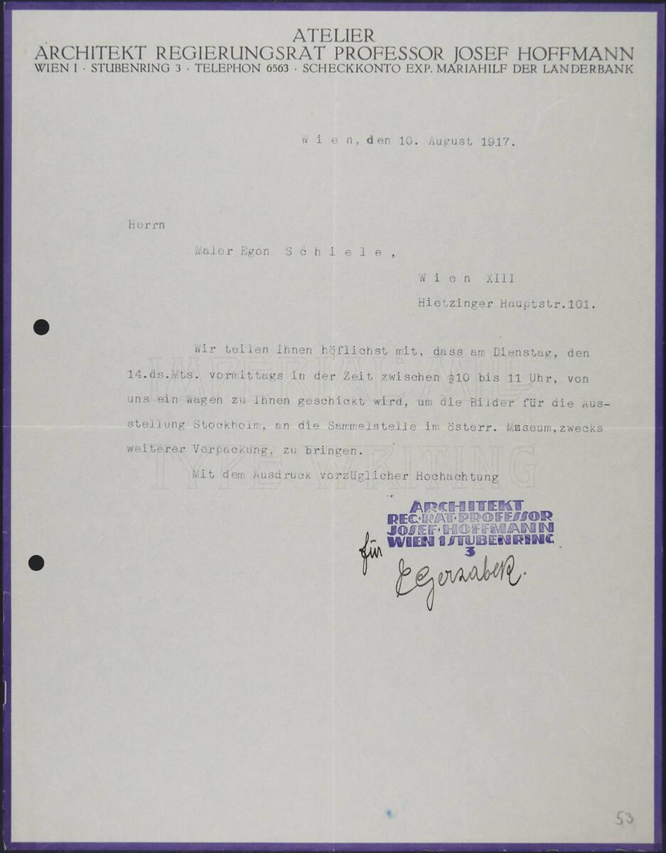 Brief von Emil Gerzabek (Atelier Josef Hoffmann) an Egon Schiele vom 10. August 1917, Inv. Nr.:…