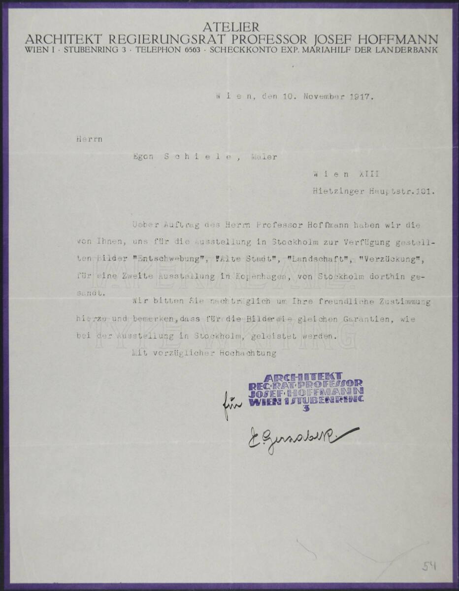 Brief von Emil Gerzabek (Atelier Josef Hoffmann) an Egon Schiele vom 10. November 1917, Inv. Nr…