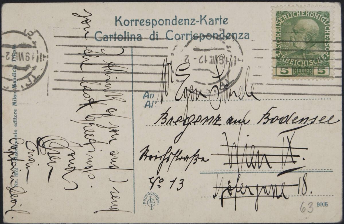 Ansichtskarte von Erwin Osen aus Triest an Egon Schiele vom 19. August 1912, Inv. Nr.: ESA63v