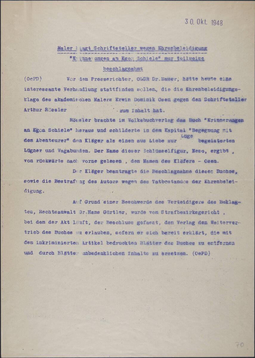 Pressemitteilung vom Österreichischen Pressedienst über eine Ehrenbeleidigungsklage von Erwin O…