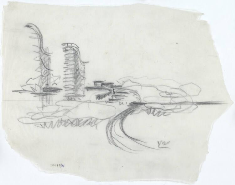 Lois Welzenbacher, Unbestimmt, (Wien, Lobau?), Entwurf einer Wohnsiedlung mit Hochhäusern (S-Fo…
