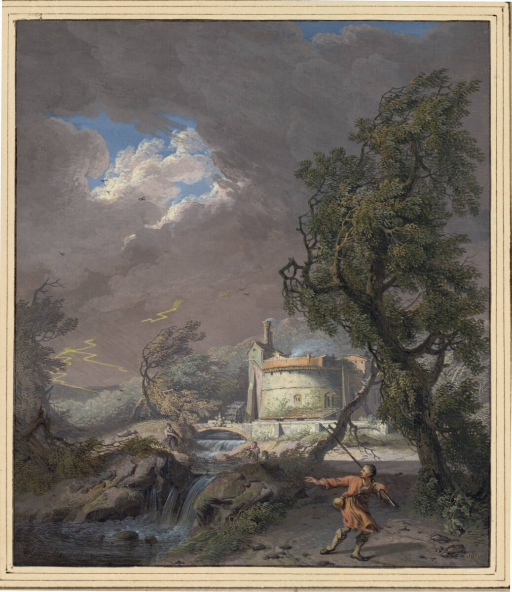 Gewitterlandschaft mit erschrockenem Wanderer, HendrikMeijer, 1770