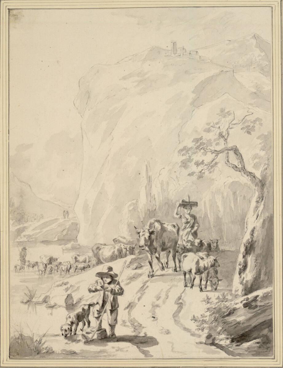 Hendrik Meijer, Italienische Gebirgslandschaft mit Viehherde und Hirten auf einer Straße, Inv. …