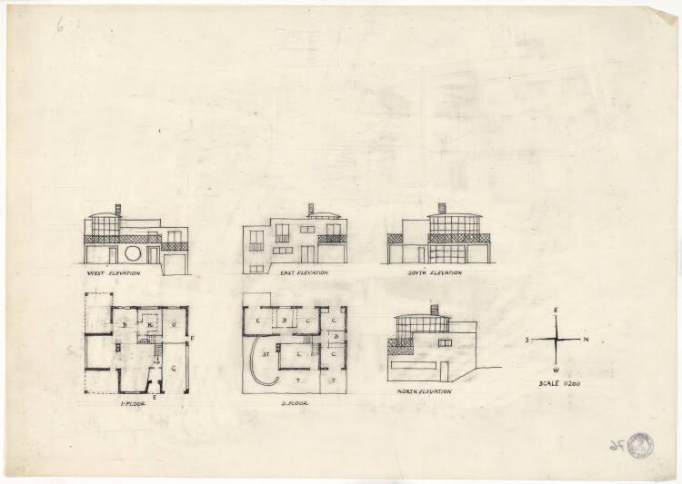 Josef Frank, 13 Häuser für Dagmar Grill, Entwurf Nr. 6, Ansichten (4) und Grundrisse (2), Inv. …