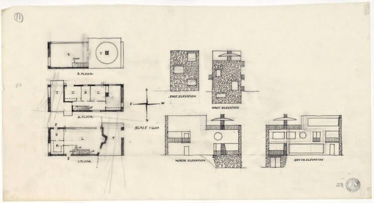 Josef Frank, 13 Häuser für Dagmar Grill, Entwurf Nr. 8(?), drei Grundrisse, Ost-, West-, Nord- …