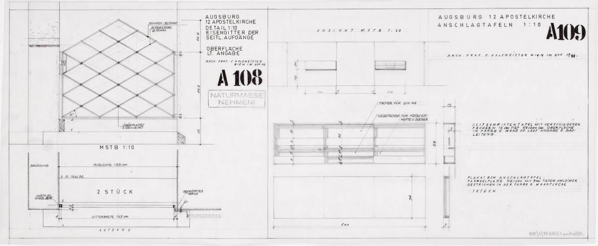 Augsburg-Hochzoll-Süd, Pfarrkirche Zwölf Apostel; Detailplan A 108; Eisengitter der seitlichen …