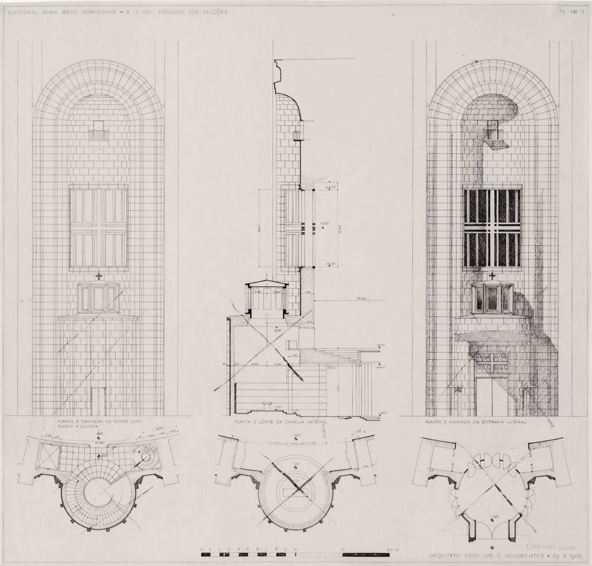 Belo Horizonte, Kathedrale; Detailplan; Treppenturm, Ansicht, Horizontalschnitt (durchgestriche…