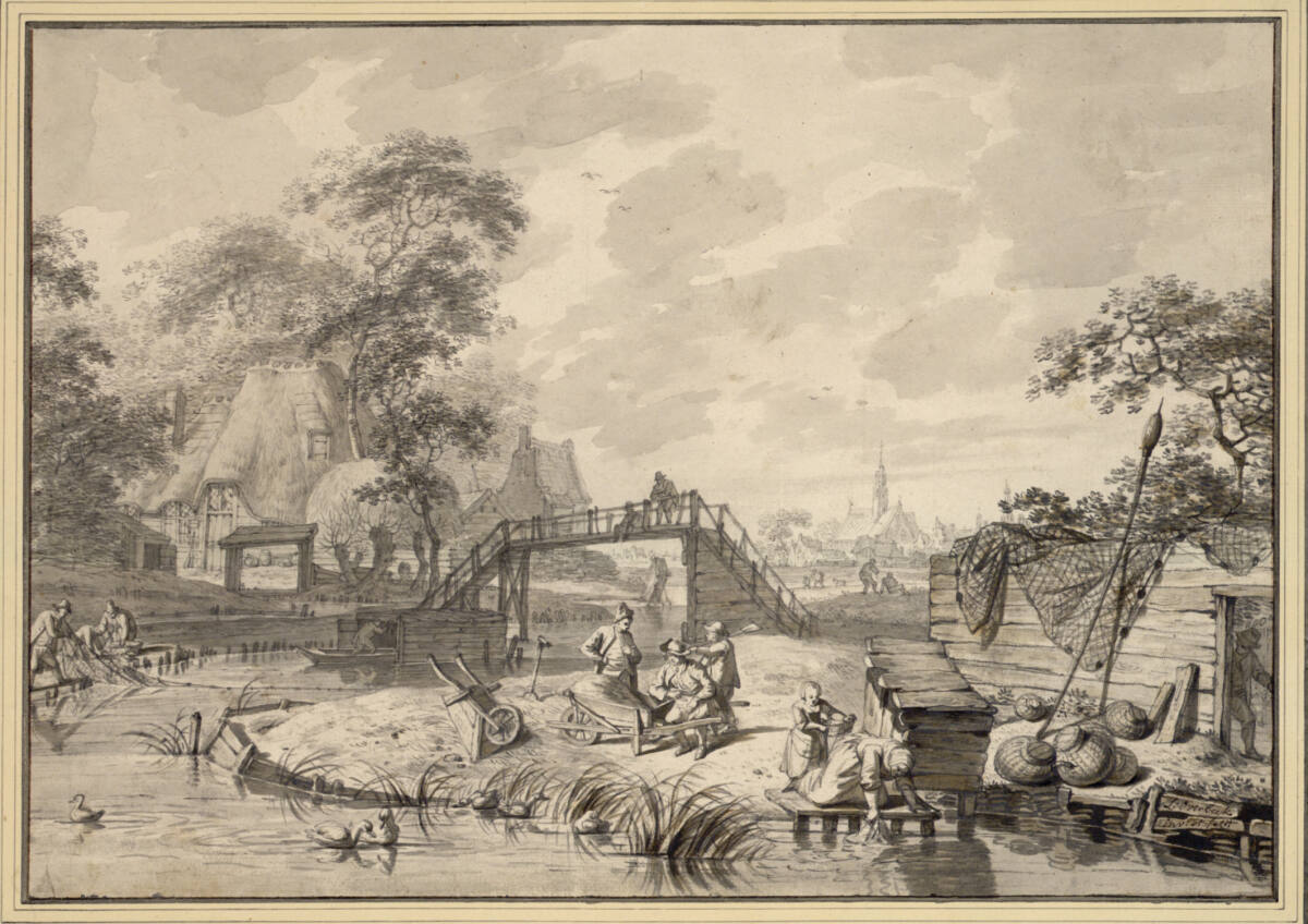 Belebtes Kanalufer mit kleiner Holzbrücke, in der Ferne eine Stadt, LeendertOverbeek