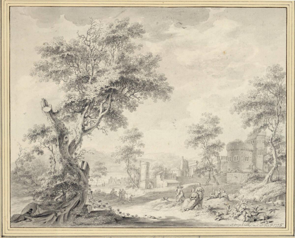 Leendert Overbeek, Idyllische Landschaft mit altem Baum, zwei Frauen und rastenden Hirten, in d…