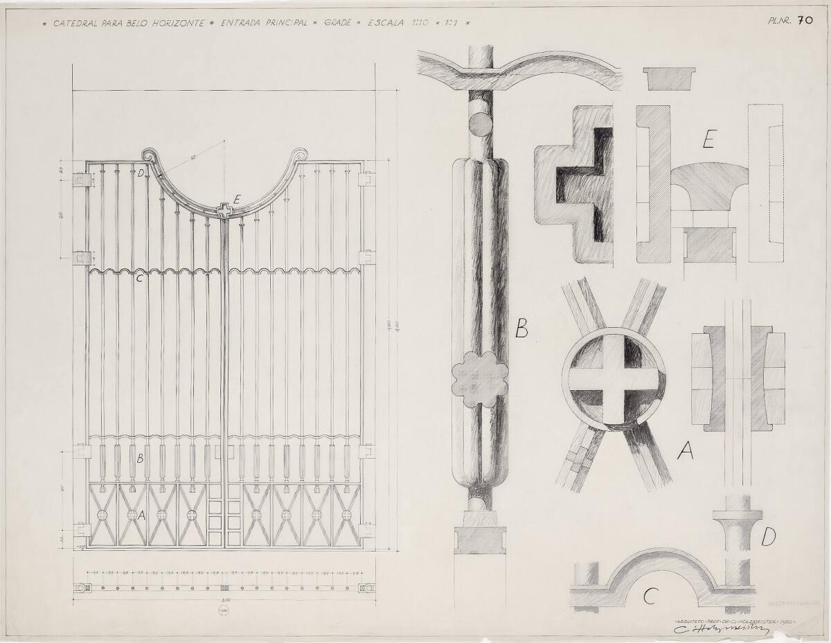 Belo Horizonte, Kathedrale; Haupteingang, Gitter, Ansicht, Horizontalschnitt; Detail A, Ansicht…