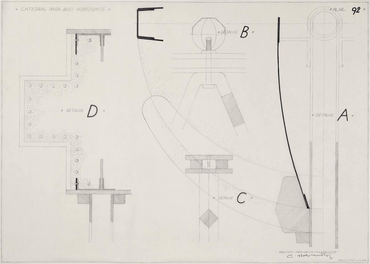 Belo Horizonte, Kathedrale; Leuchte (?), Detail A, B, C und D, Vertikalschnitt mit Schnittprofi…
