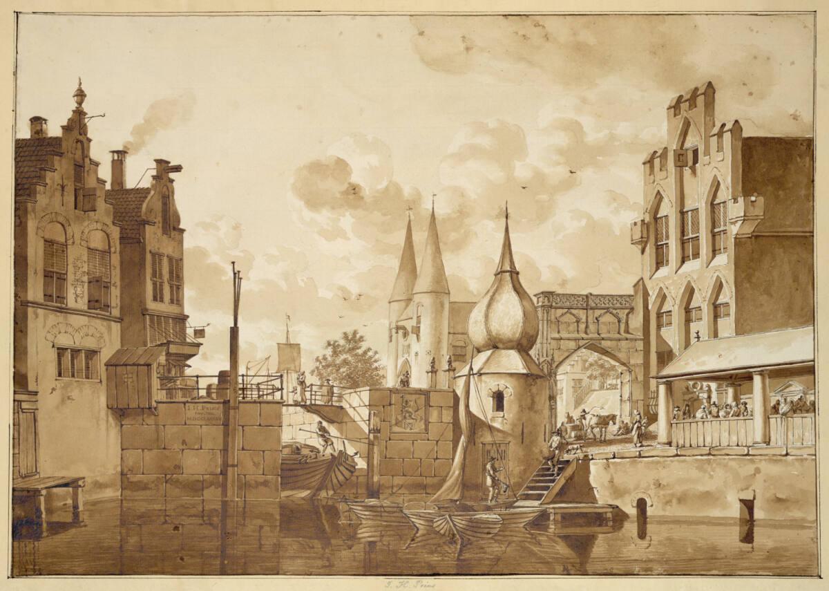 Johannes Huibert Prins, Häuser, Brücke und Bootssteg in einer holländischen Stadt, Inv. Nr.: 10…