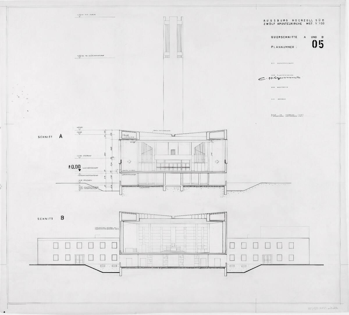 Augsburg-Hochzoll-Süd, Pfarrkirche Zwölf Apostel; Querschnitt A (gegen die Empore), Querschnitt…