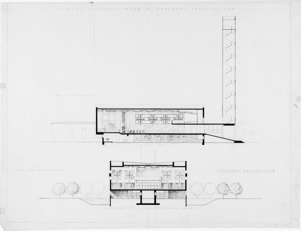 Clemens Holzmeister(?), Augsburg-Hochzoll-Süd, Pfarrkirche Zwölf Apostel; Längsschnitt; Quersch…