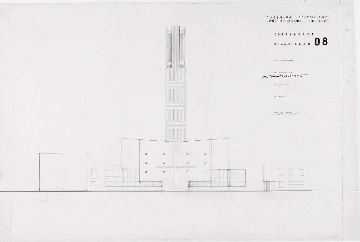 Clemens Holzmeister(?), Augsburg-Hochzoll-Süd, Pfarrkirche Zwölf Apostel; Ostfassade (Rückansic…