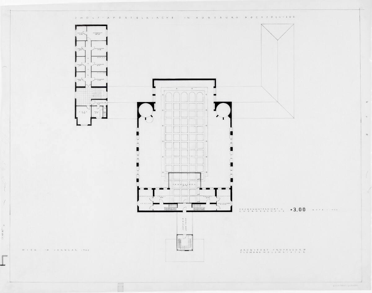 Augsburg-Hochzoll-Süd, Pfarrkirche Zwölf Apostel; Deckenuntersicht; Grundriss Chorgeschoß +3.00…
