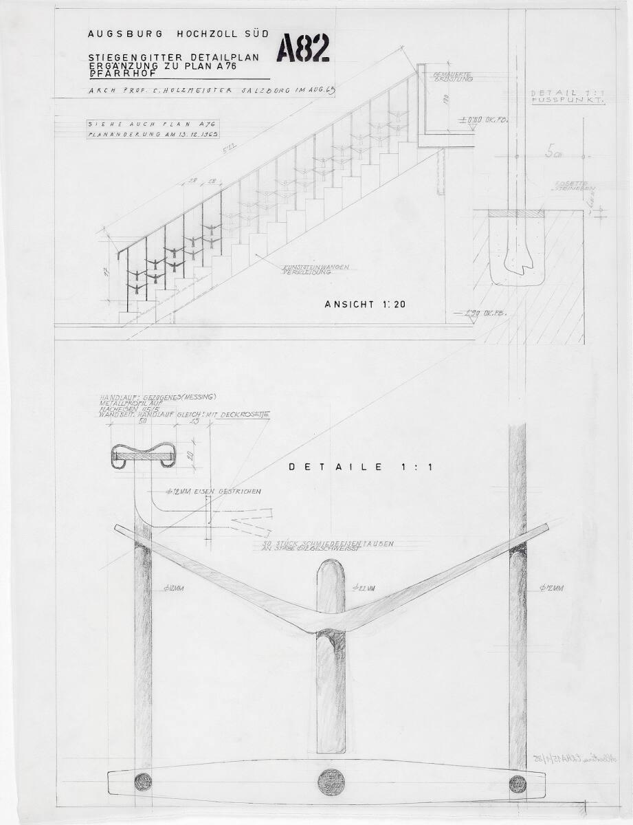 Augsburg-Hochzoll-Süd, Pfarrkirche Zwölf Apostel; Detailplan; Pfarrhof, Stiegengitter, Ansicht;…