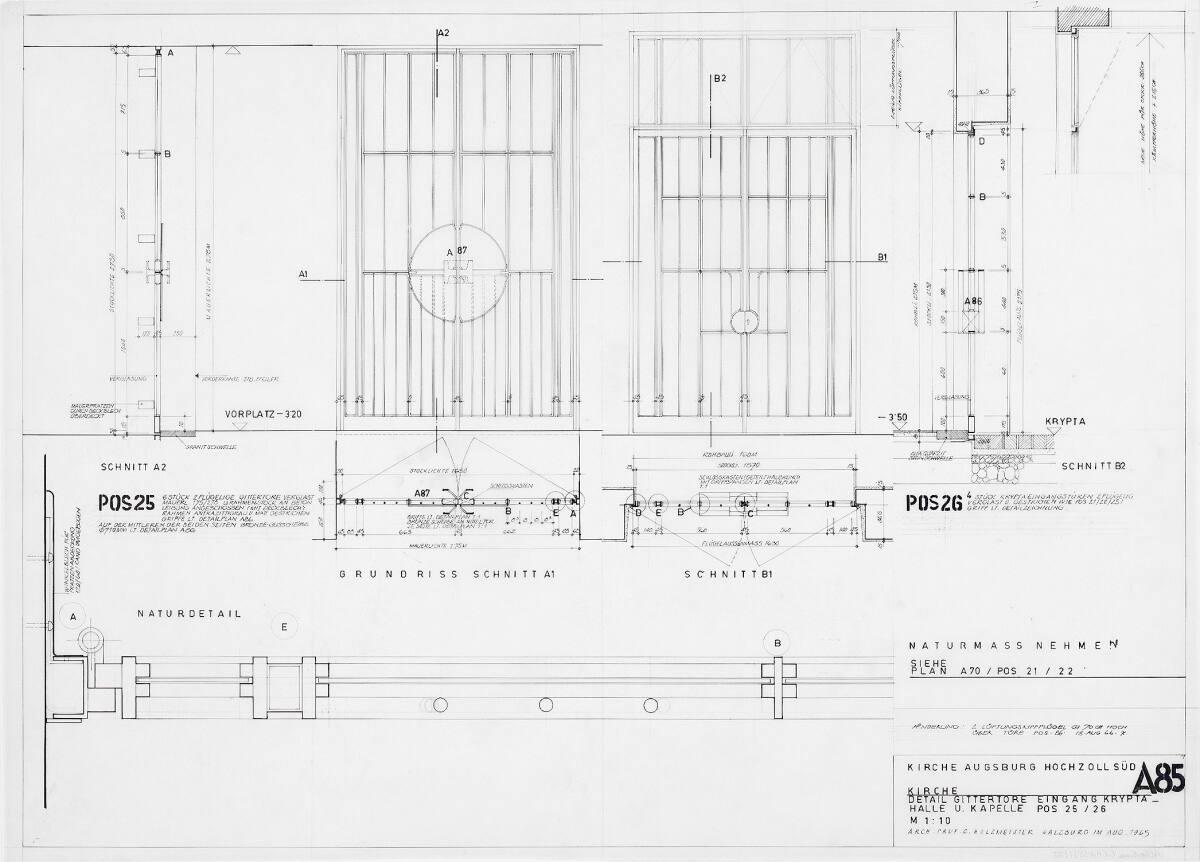 Augsburg-Hochzoll-Süd, Pfarrkirche Zwölf Apostel; Detailplan; Gittertore, Position 25, Ansicht,…