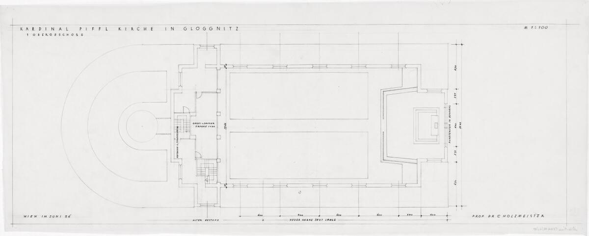 Gloggnitz, Christkönigskirche II (Kardinal-Piffl-Gedächtniskirche); Grundriss 1. Obergeschoß, I…