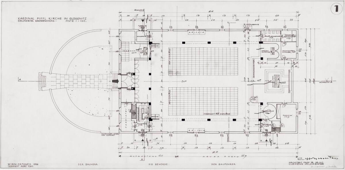 Gloggnitz, Christkönigskirche II (Kardinal-Piffl-Gedächtniskirche); Grundriss Erdgeschoß, Inv. …