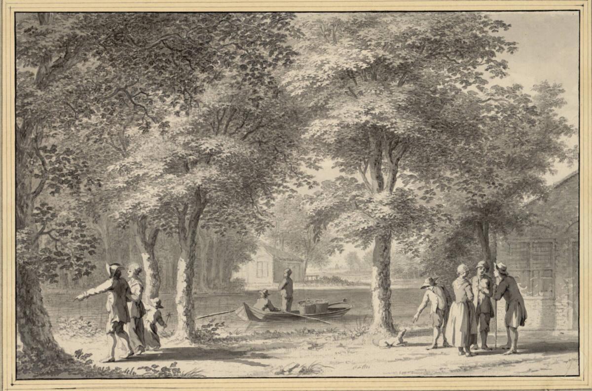 Jan van Rossum, Baumreiche Uferlandschaft mit Fischerboot und Spaziergängern, Inv. Nr.: 10984