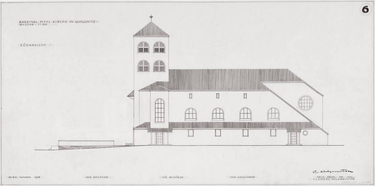 Gloggnitz, Christkönigskirche II (Kardinal-Piffl-Gedächtniskirche); Südansicht, Inv. Nr.: CLHA1…