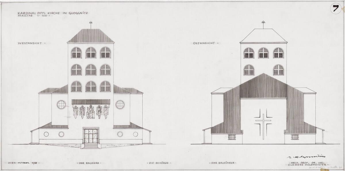 Gloggnitz, Christkönigskirche II (Kardinal-Piffl-Gedächtniskirche); Westansicht, Ostansicht, In…