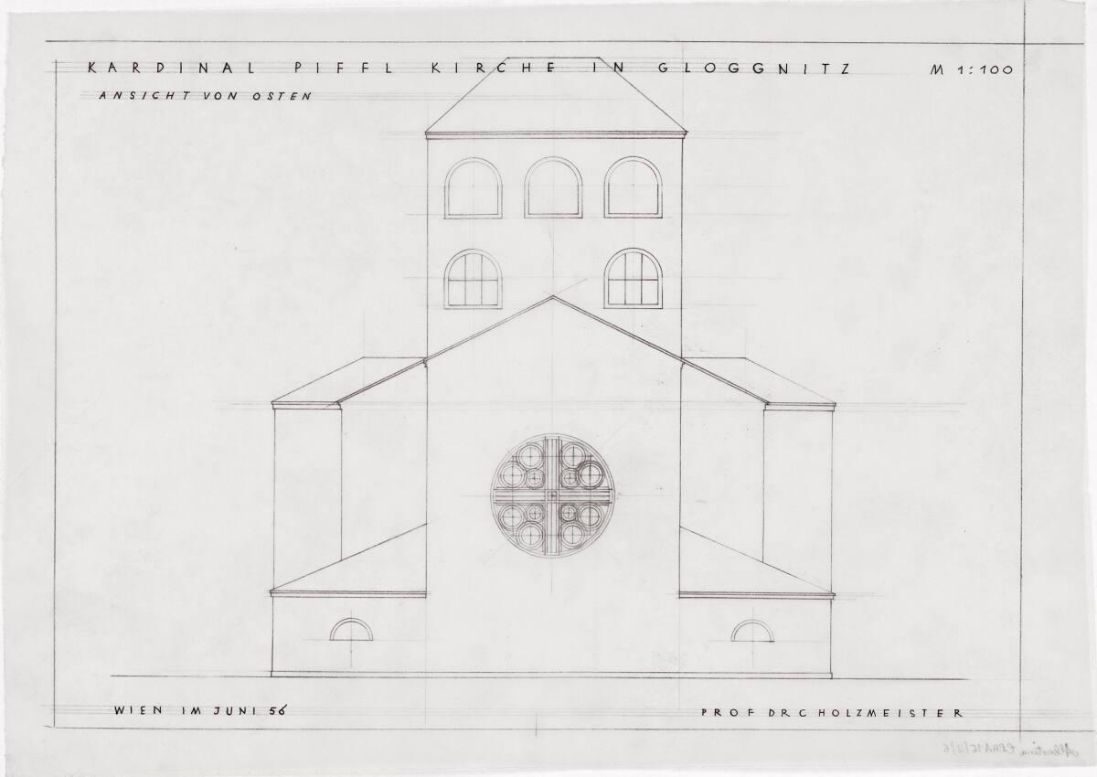 Gloggnitz, Christkönigskirche II (Kardinal-Piffl-Gedächtniskirche); Ostansicht, Inv. Nr.: CLHA1…