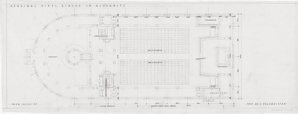 Gloggnitz, Christkönigskirche II (Kardinal-Piffl-Gedächtniskirche); Grundriss Erdgeschoß, Inv. …
