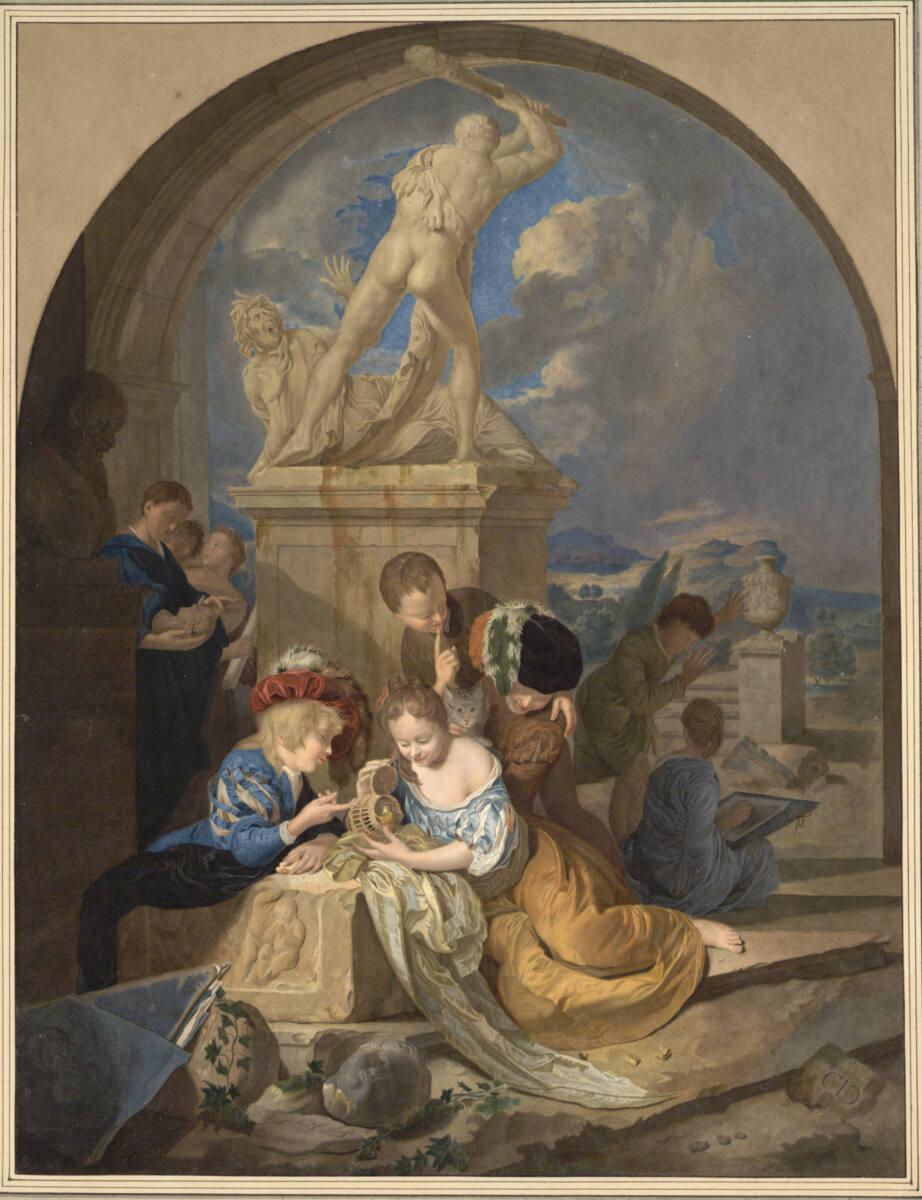 Jan Frederik Schierecke, Kinder mit Vogel und Katze am Fuße einer Herkulesstatue, Inv. Nr.: 109…