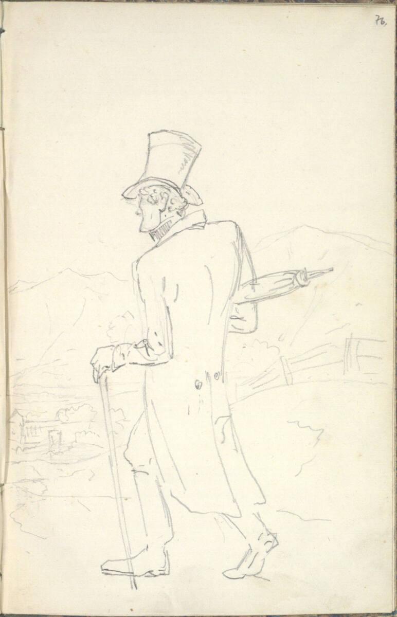 Friedrich Gauermann, Skizze eines Wanderers mit Zylinder, Stock und Regenschirm, Inv. Nr.: 2567…