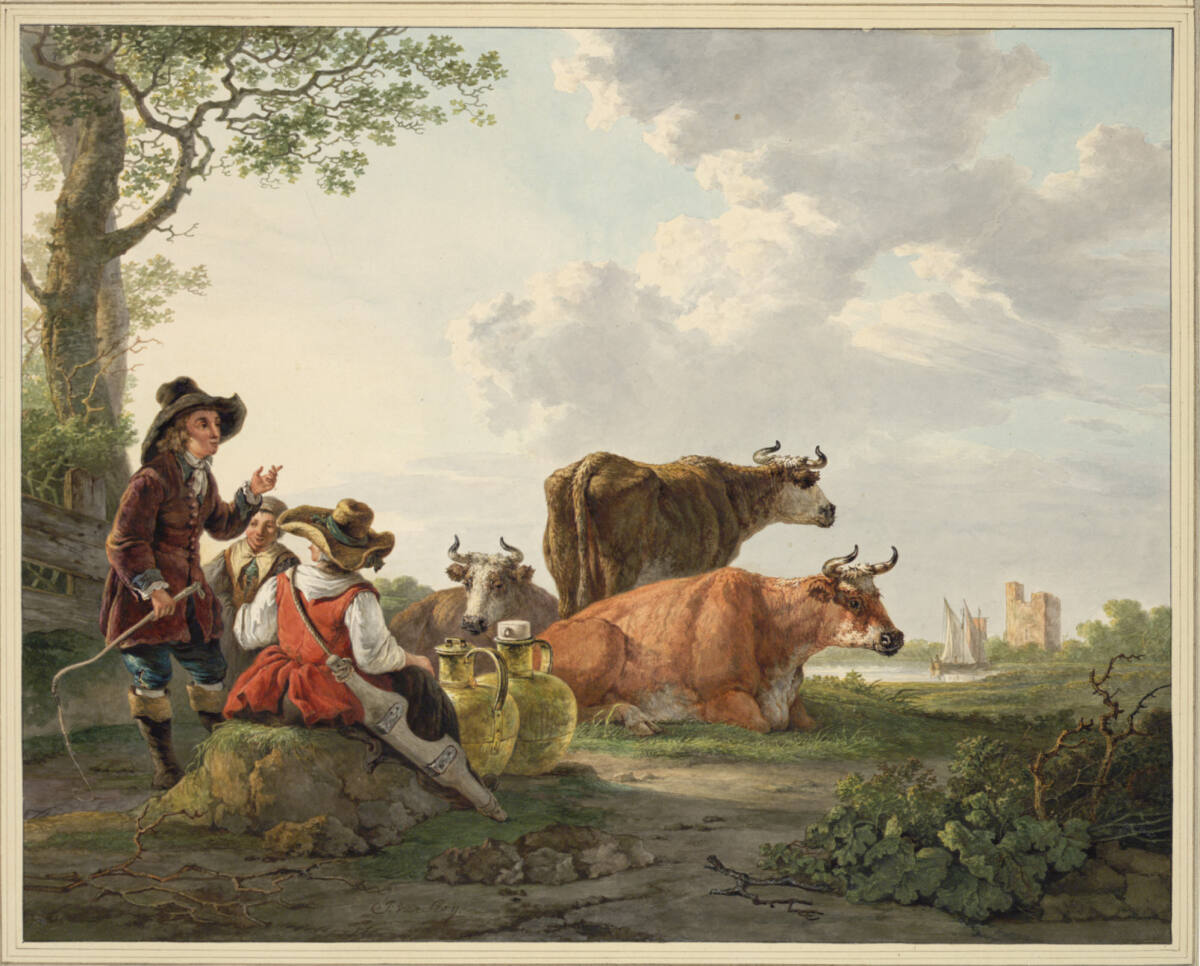 Junger Kutscher, Magd und Kuhhirtin auf der Weide, Jacob van Strij