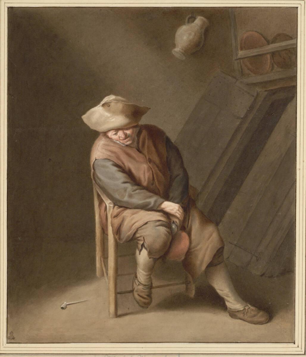Michiel Versteeg, Sitzender Bauer mit Trinkkrug, vor geöffnetem Kellereinstieg, Inv. Nr.: 11029