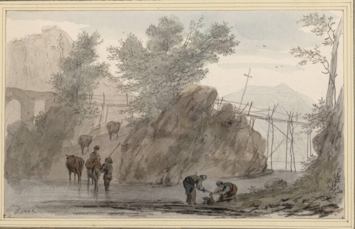 Hendrik van der Straaten, Südliche Felslandschaft mit hohen Holzstegen und Viehhirten bei der D…