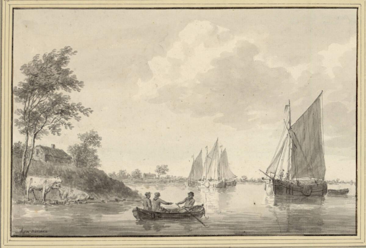 Ary van Wanum, Holländische Flußlandschaft mit Booten, zwei Kühe am Ufer, Inv. Nr.: 11053