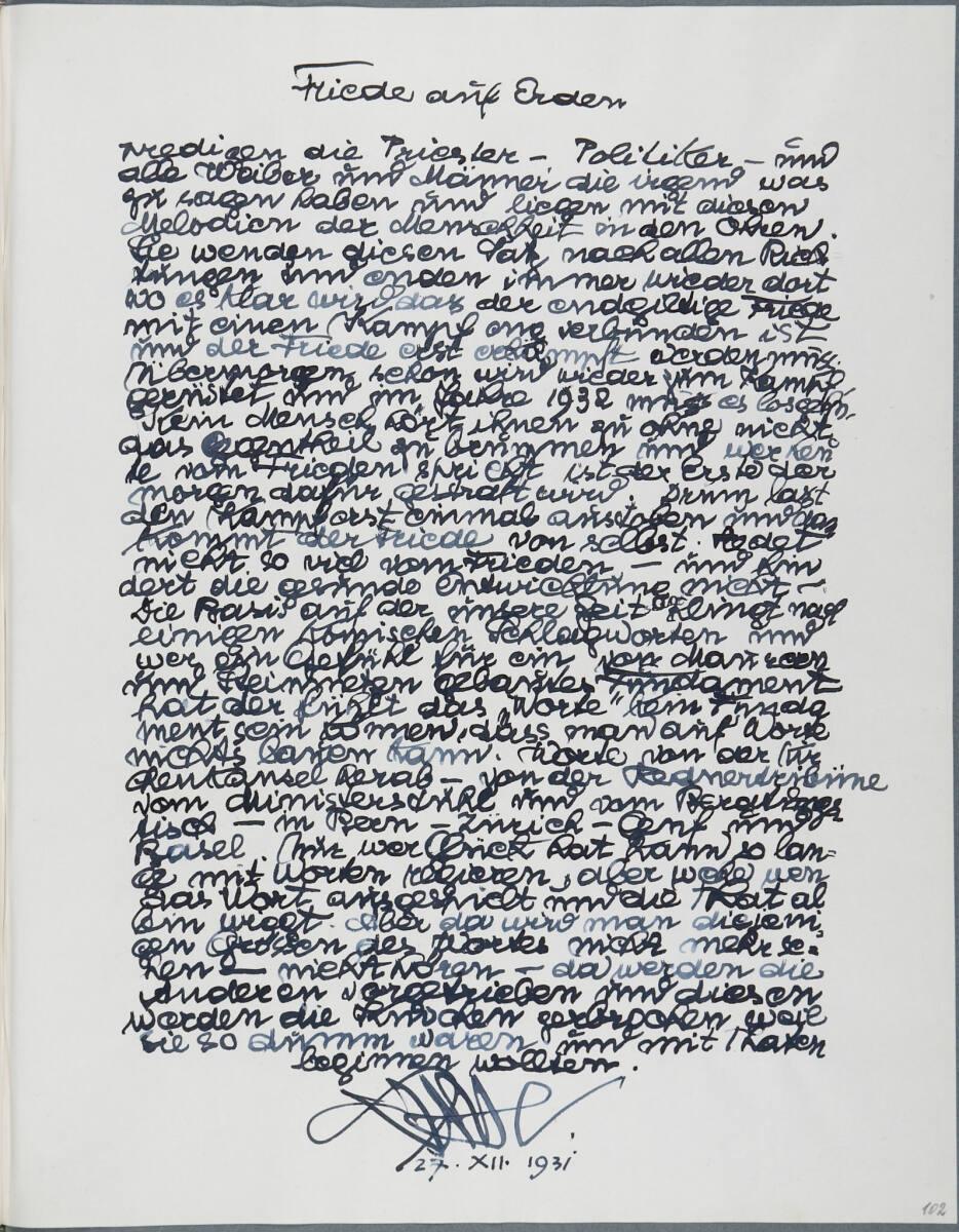 Anton Hanak, Tagebucheintrag: Friede auf Erden, Inv. Nr.: 36080/6/102