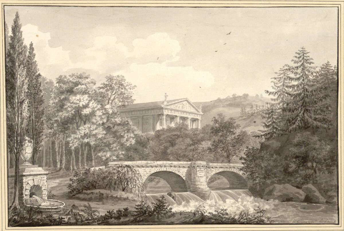Arkadische Landschaft mit Steinbrücke und Tempel, FrançoisLefèbvre, 1794