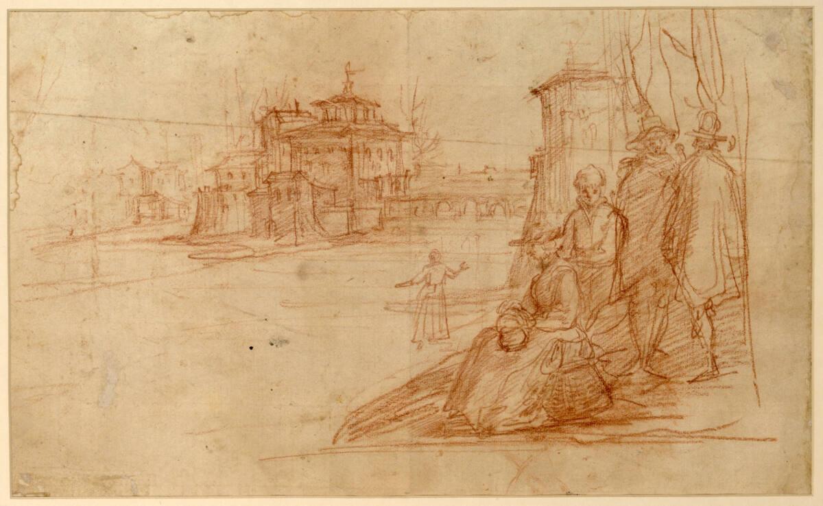 Giovanni  Mannozzi, An einem Fluß eine Villa, zu der von rechts eine Steinbrücke führt; vorne r…