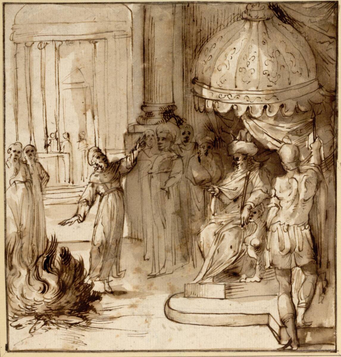 Der heilige Franziskus fordert den Herrscher auf, die Hand ins Feuer zu legen und die Wahrheit des christlichen Glaubens zu beweisen, Domenico Passignano