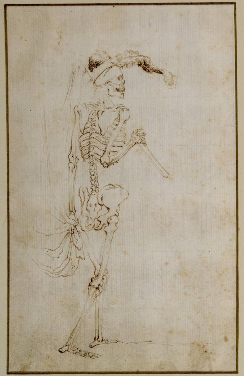 Stefano della Bella, Der Tod als Gerippe mit Federhut und geschultertem Banner, Inv. Nr.: 11260