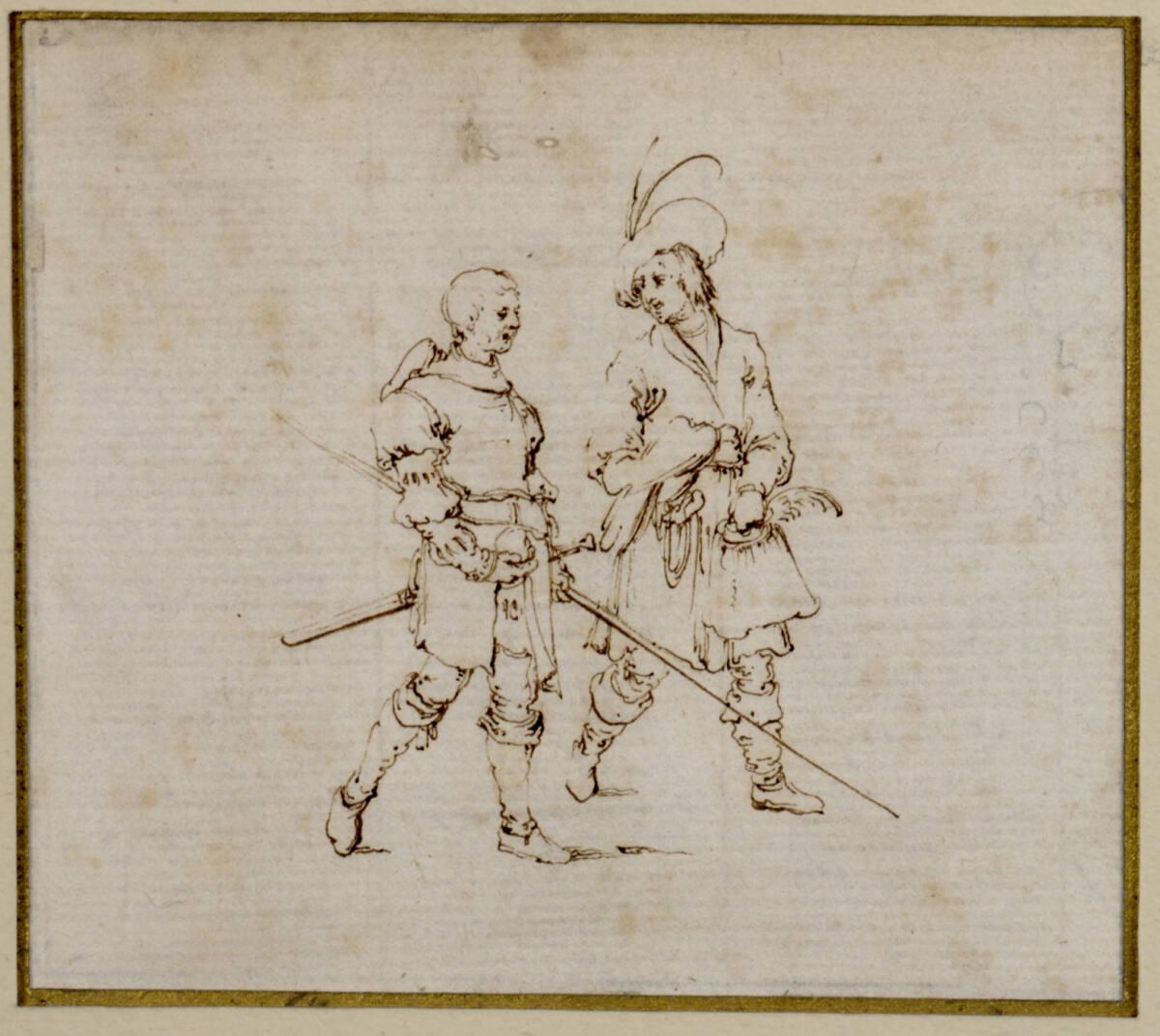 Stefano della Bella, Ein Landsknecht und ein Falkner mit Federhut nach rechts schreitend, Inv. …