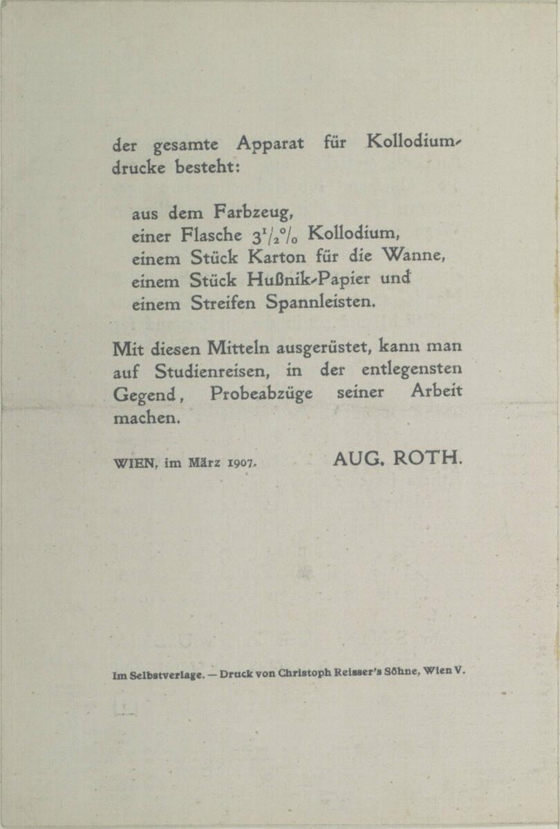 Richard Teschner, Aufsatz von Aug. Roth über das Kollodiumverfahren, Selbstverlag, März 1907, I…