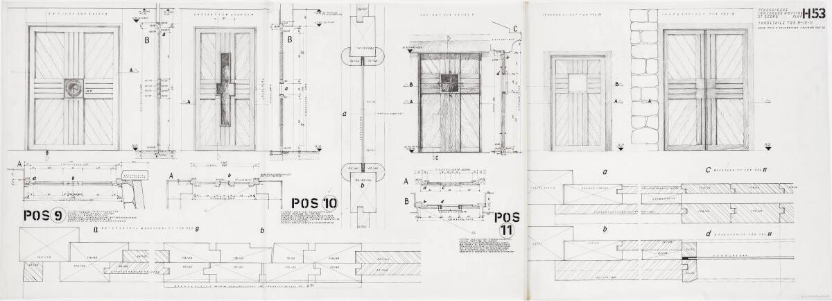 Innsbruck-Hötting, Pfarrkirche St. Georg; Tür Pos. 9, Außenansicht, Innenans., Horizontalschn.,…